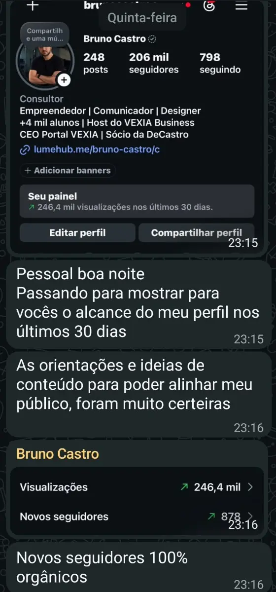 Print do grupo da mentoria: Bruno Castro mostra 246,4 mil visualizações e 878 novos seguidores em 30 dias