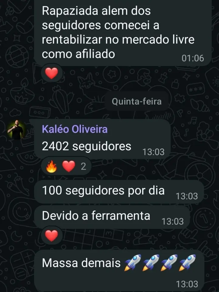 Print do grupo da mentoria: Kaléo Oliveira com 2.402 seguidores, crescendo 100 seguidores por dia