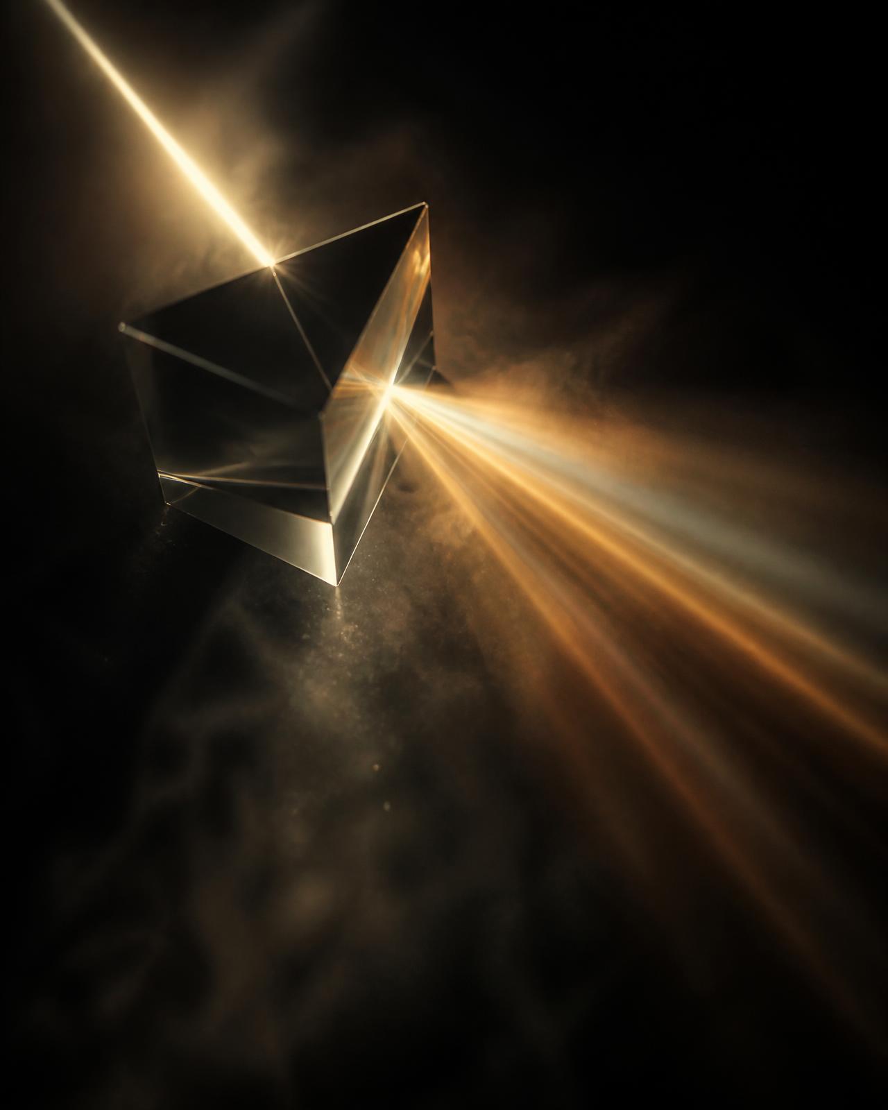 Feixe de luz atravessando um prisma e se abrindo em um espectro dourado